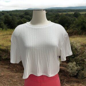 Eleven By Venus Williams White Cropped Ribbed Lounge Around Tee Shirt Womens S